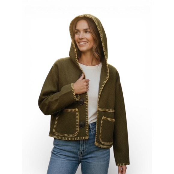 Handcrafted Jackets & Blazers - Handcrafted Olive Green Wool Hooded Cropped Bog Jacket with Yellow Stitching | L